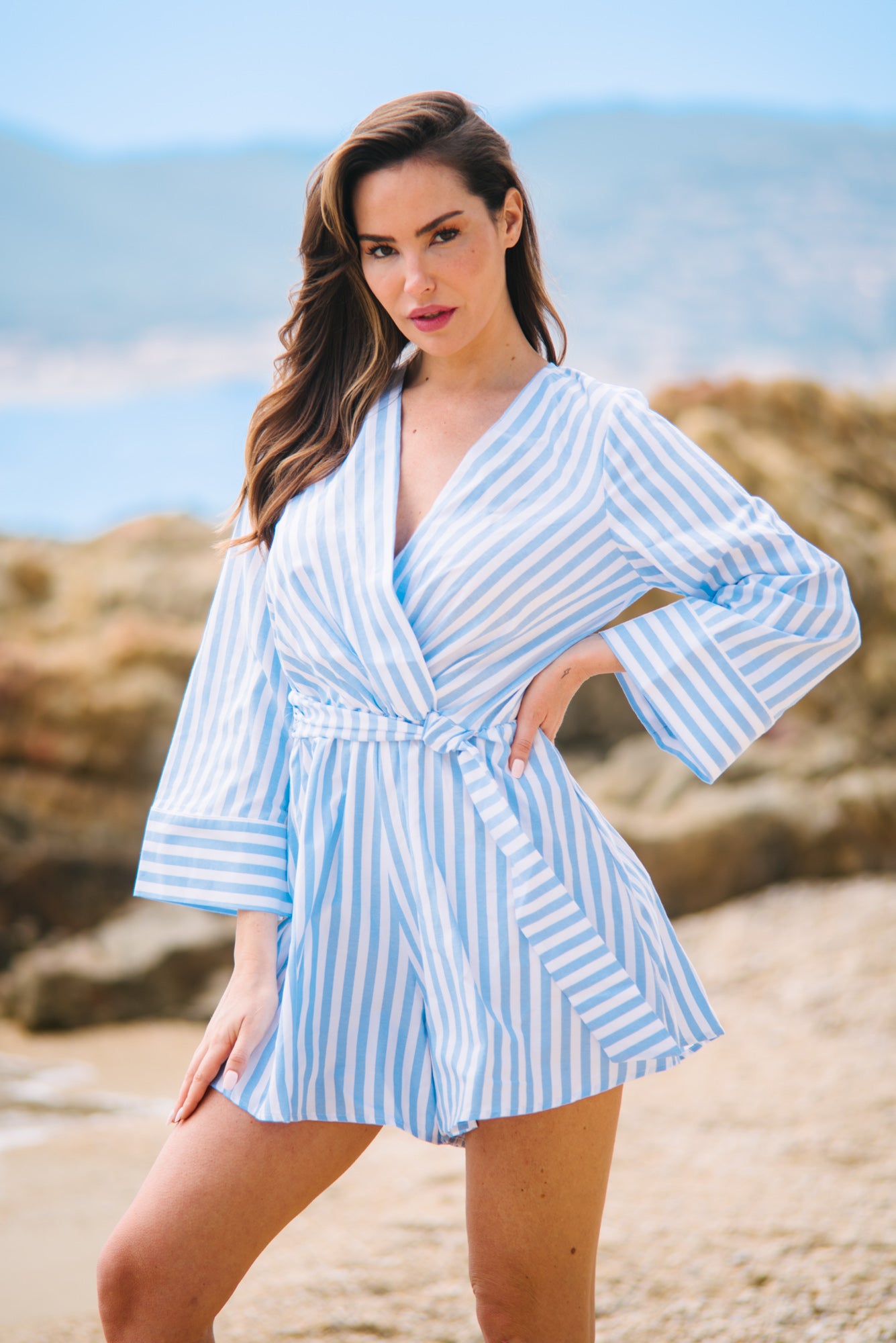 Blue and white striped romper best sale