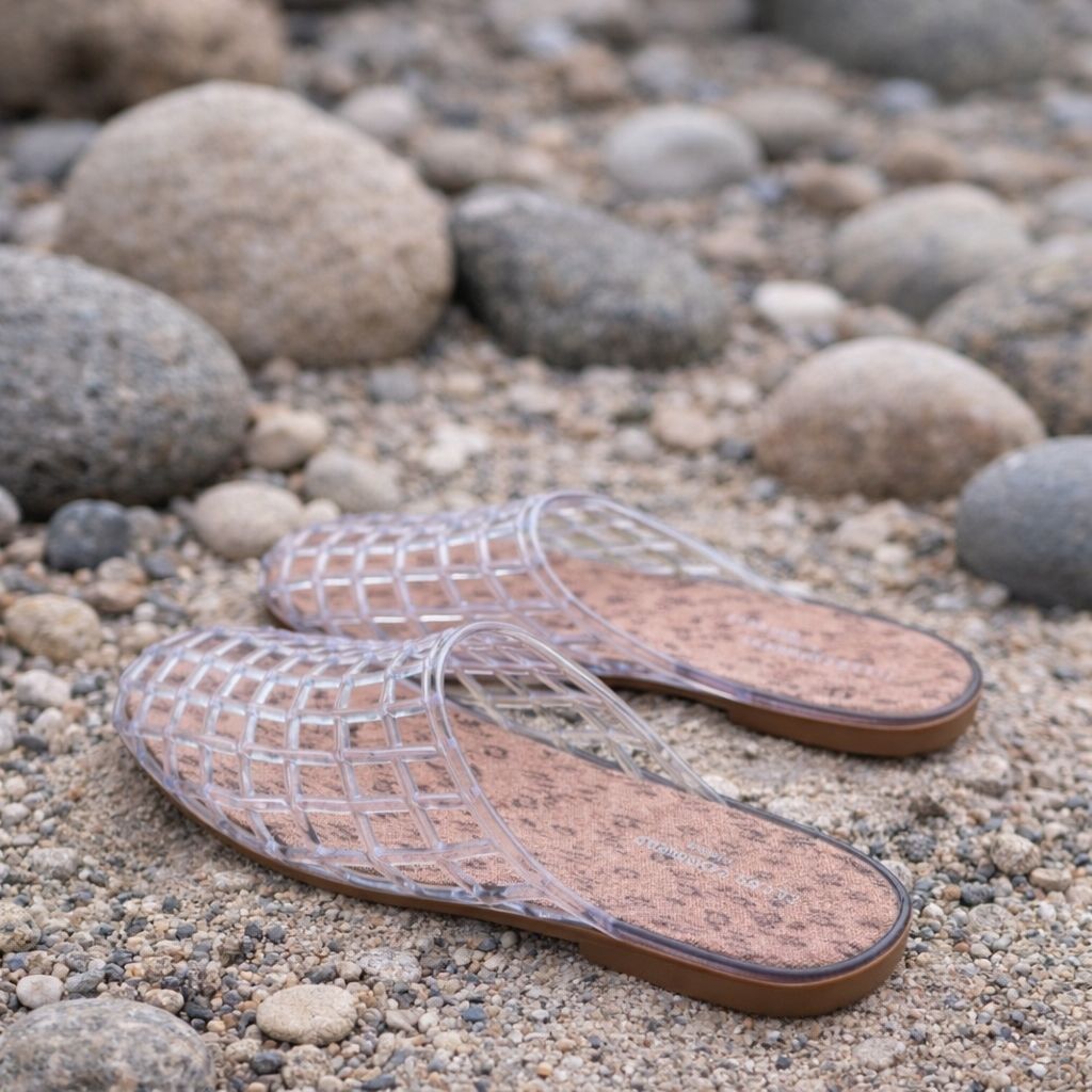 sandales PLAGES Les Canebiers posées sur galets
sandales ajourées transparentes style estival
sandales plates PLAGES Les Canebiers
sandales été lifestyle Saint-Tropez